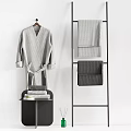 Bathroom Cabinet Rack Featuring Hanging Bathrobe Stacked Towels And Black Storage Stand