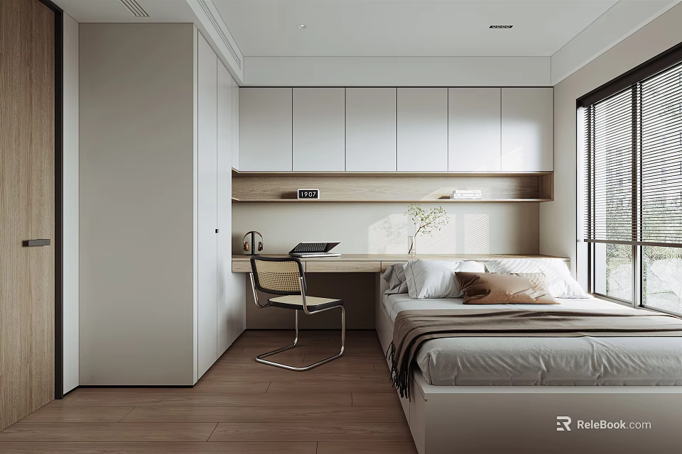 Modern Tatami Bedroom Interior With Writing Desk Chair And Built In Storage Cabinets 3d model 