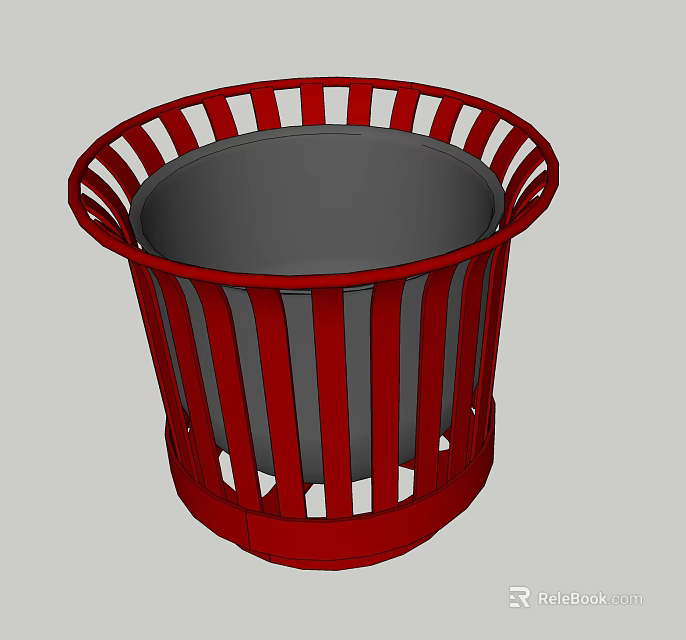 Public Facility Trash Can Red Slatted Circular Design With Gray Inner Liner 3d model 
