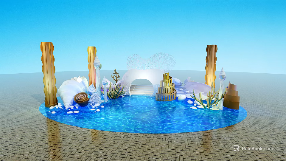 Ocean Themed Scene With Blue Water Pool Seashells Corals Decorative Pillars Archway On Brick Floor 3d model 