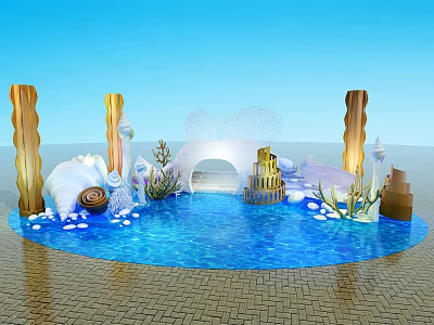 Ocean Themed Scene With Blue Water Pool Seashells Corals Decorative Pillars Archway On Brick Floor 3d model