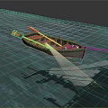 Small Boat On Blue Water With Red Lifebuoy Searchlight Beam And Sunken Ship Shadow Underwater