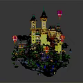 Ancient Architecture Castle On Floating Island With Blue Spires Green Trees Colorful Hot Air Balloons