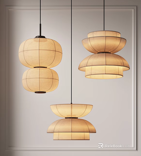 Natural Japanese Wicker Chandeliers With Layered Design And Warm Glow 3d model 