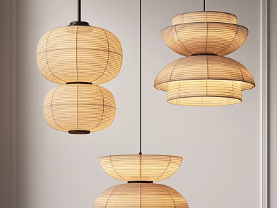 Natural Japanese Wicker Chandeliers With Layered Design And Warm Glow 3d model