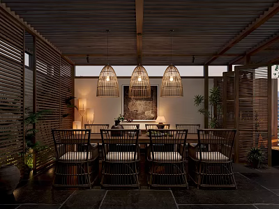 Warm Natural Dining Area Featuring Bamboo Pendant Lights Wooden Beams And Stone Tile Floor 3d model