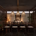 Warm Natural Dining Area Featuring Bamboo Pendant Lights Wooden Beams And Stone Tile Floor
