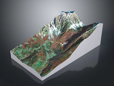 3D Mountain Terrain Model With Snowy Peaks Green Vegetation And Brown Landforms 3d model