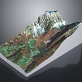 3D Mountain Terrain Model With Snowy Peaks Green Vegetation And Brown Landforms