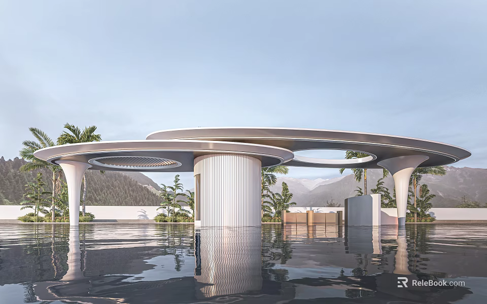 Modern Entrance Gate Design with Circular Roof White Pillars Palm Trees and Water Reflection 3d model 