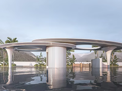 Modern Entrance Gate Design with Circular Roof White Pillars Palm Trees and Water Reflection 3d model