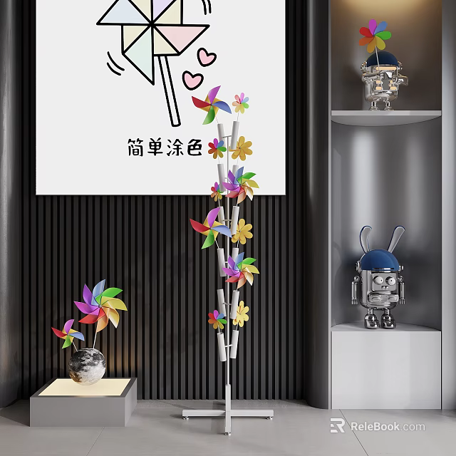 Colorful Simple Coloring Decor With Pinwheels Flowers And Robot Rabbit Ornament 3d model 