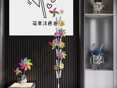 Colorful Simple Coloring Decor With Pinwheels Flowers And Robot Rabbit Ornament 3d model