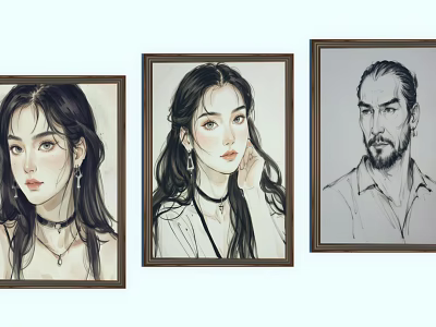 Framed Portrait Paintings Of Female And Male Characters In Illustration Style 3d model