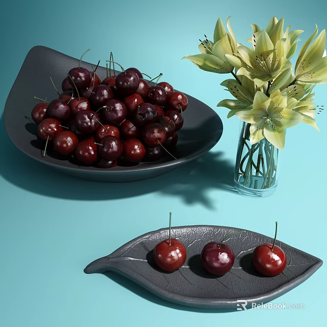Modern Black Tableware Set With Bowl Cherries Leaf Shaped Plate And Transparent Vase Green Flowers 3d model 