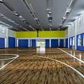 Bright Basketball Court Interior With Wooden Floor Blue Walls And Basketball Hoops