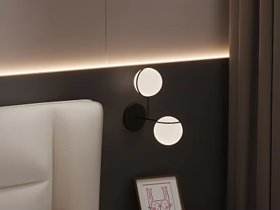 Modern Two Round Lights Wall Lamp On Bedroom Bedhead Dark Wall With Framed 3d model