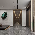 Modern Elevator Hallway With Marble Floor Wooden Walls And Reception Desk