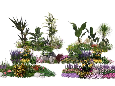 Vibrant Garden Flowers And Plants With Palm Leaves Ferns Purple Blooms And Stones 3d model