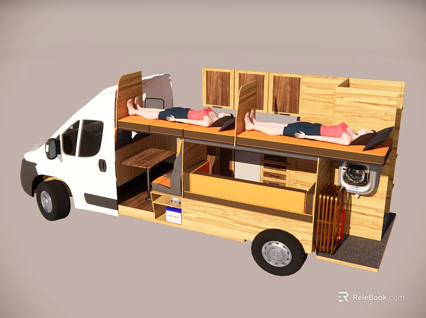 White Converted Functional Vehicle With Wooden Interior Bunk Beds And Storage 3d model