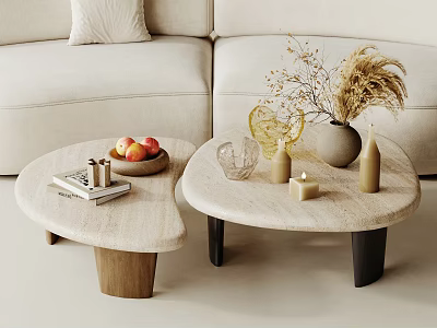 Modern Asymmetrical Coffee Table with Books Fruit Bowl Vase and Candles in Living Room 3d model