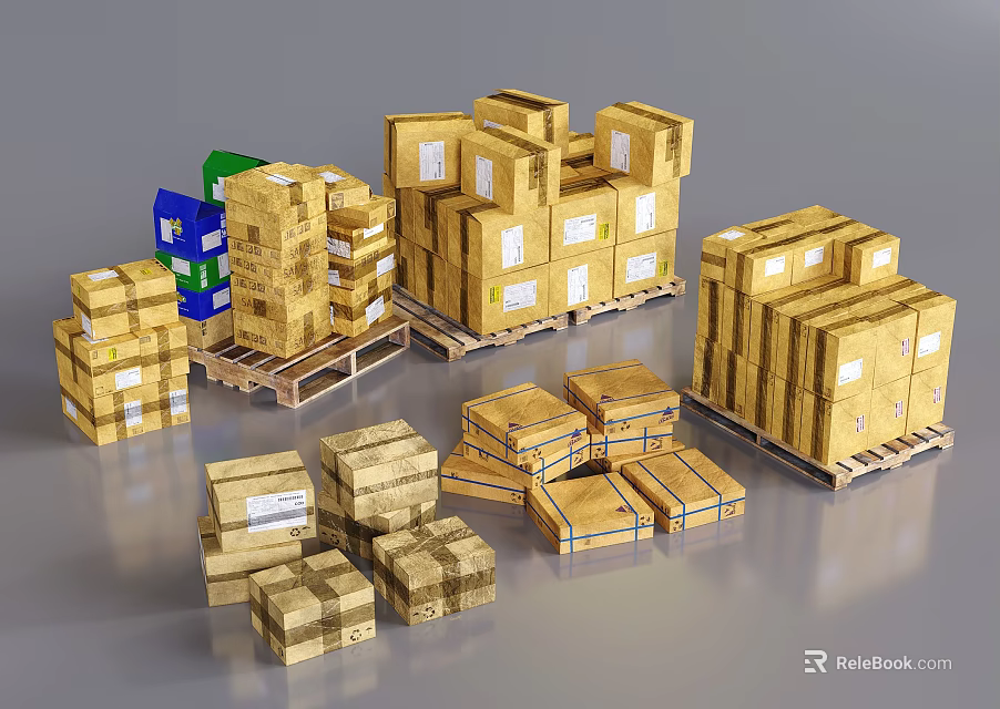 Industrial Equipment Wooden Crates Stacked On Pallets For Storage And Shipping 3d model 