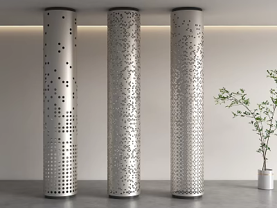 Three Silver Perforated Columns in Minimalist Indoor Space with Modern Design and Potted Plant 3d model