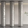 Three Silver Perforated Columns in Minimalist Indoor Space with Modern Design and Potted Plant