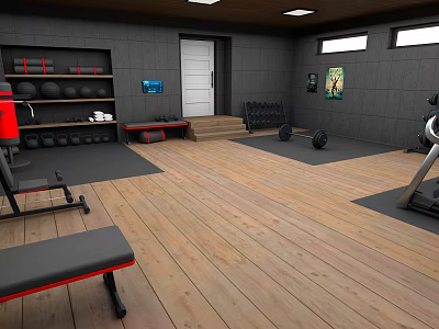 Well Equipped Home Gym Interior With Workout Equipment Wooden Floor And Storage Shelves 3d model