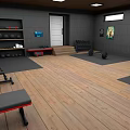 Well Equipped Home Gym Interior With Workout Equipment Wooden Floor And Storage Shelves