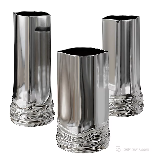 Public Facilities Decorative Silver Metal Vases With Modern Design And Wave Pattern Base 3d model 