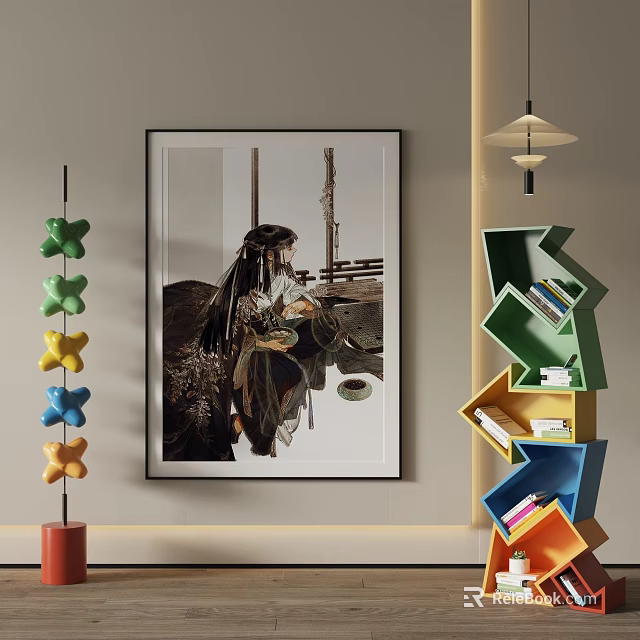 Vibrant Interior With Framed Landscape Painting And Decor 3d model