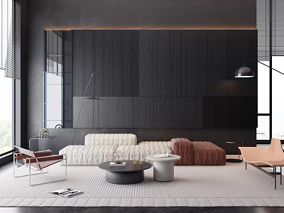 Modern Living Room Sofa And Coffee Table Set With White Couch Brown Ottoman Round Table 3d model