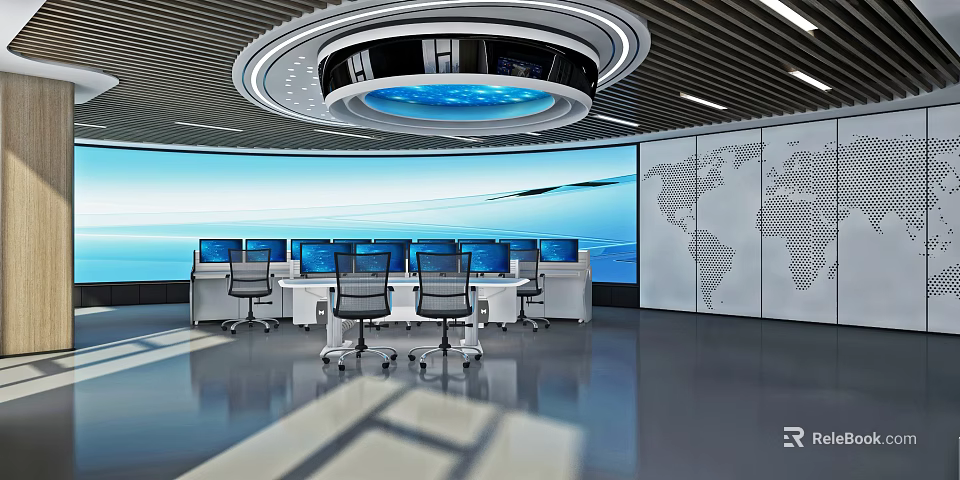 Modern Control Room With Multiple Monitors Chairs World Map Backdrop And Circular Ceiling Design 3d model