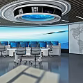 Modern Control Room With Multiple Monitors Chairs World Map Backdrop And Circular Ceiling Design 3d model