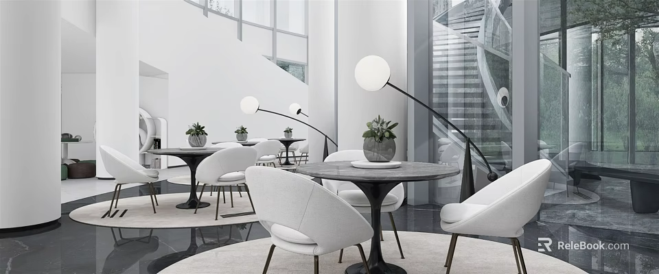 Modern Hotel Public Lounge Area With White Chairs Round Tables Floor Lamps And Potted Plants 3d model 