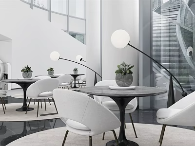 Modern Hotel Public Lounge Area With White Chairs Round Tables Floor Lamps And Potted Plants 3d model