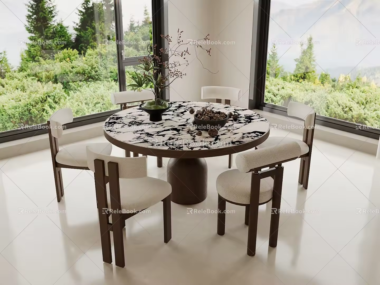 Middle Ancient Dining Table and Chair Round Solid Wood Stone 3d model