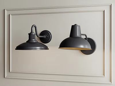 Two Black Modern Wall Lights Mounted On Beige Decorative Framed Wall 3d model