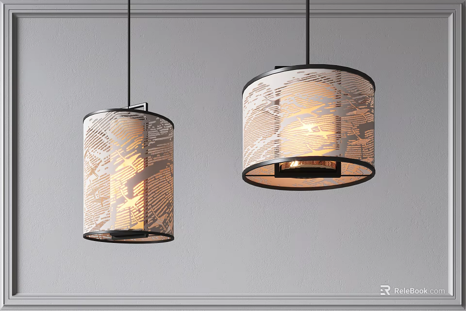 Two Modern Pendant Lights With Patterned Beige Shades And Black Frames On Gray Wall 3d model