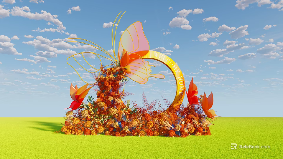 Interactive Area With Yellow Arch LOVE Lettering Butterfly Decorations And Flower Arrangement On Green Grass 3d model 