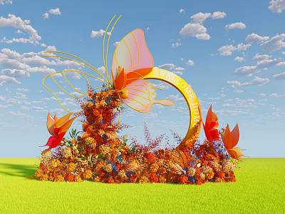 Interactive Area With Yellow Arch LOVE Lettering Butterfly Decorations And Flower Arrangement On Green Grass 3d model