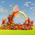 Interactive Area With Yellow Arch LOVE Lettering Butterfly Decorations And Flower Arrangement On Green Grass