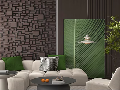 Modern Sofa Backdrop Wall With Dark Textured Panels White Couch Green Cushions And Leaf Art 3d model