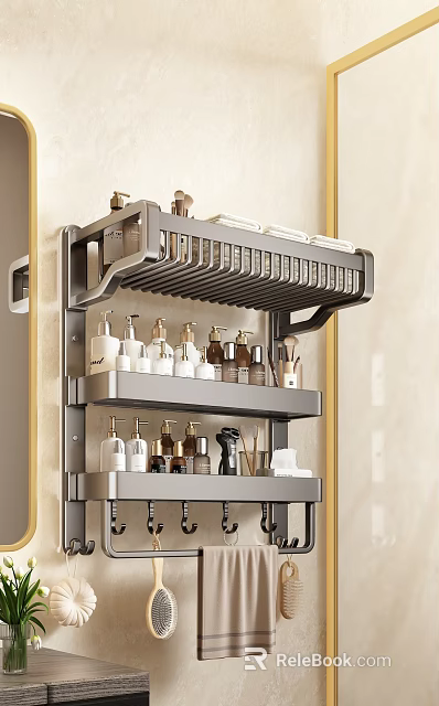 Wall Mounted Multi Tiered Metal Bathroom Cabinet Rack With Toiletries And Towels 3d model 