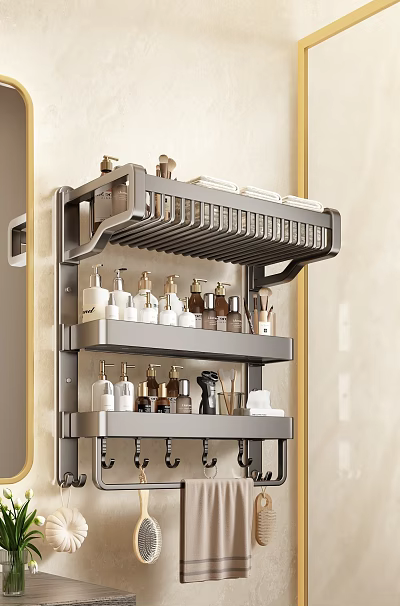 Wall Mounted Multi Tiered Metal Bathroom Cabinet Rack With Toiletries And Towels 3d model