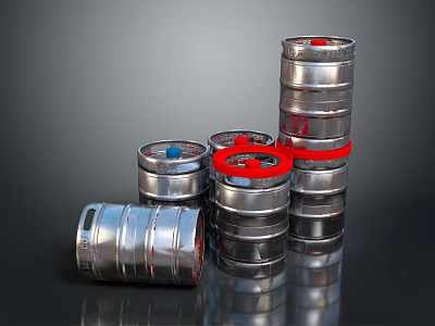 Stacked Silver Metal Storage Drums With Red Blue Lids For Household Use 3d model