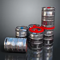 Stacked Silver Metal Storage Drums With Red Blue Lids For Household Use