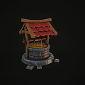 Garden Ornament Well Structure With Red Tiled Roof Wooden Frame And Stone Base