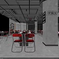 Modern Restaurant Interior With Neon Lights Open Layout Tables Chairs Stage And Wall Posters